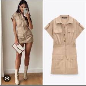 ZARA POPLIN CARGO Short JUMPSUIT TAUPE BROWN SIZE XL NWT